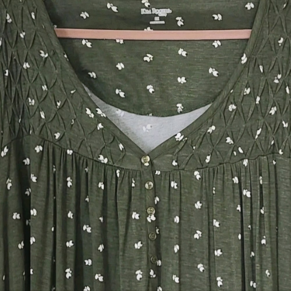 2X Kim Rogers Womans Olive Green 3/4 Sleeve V-Neck Popover Top - Picture 4 of 6